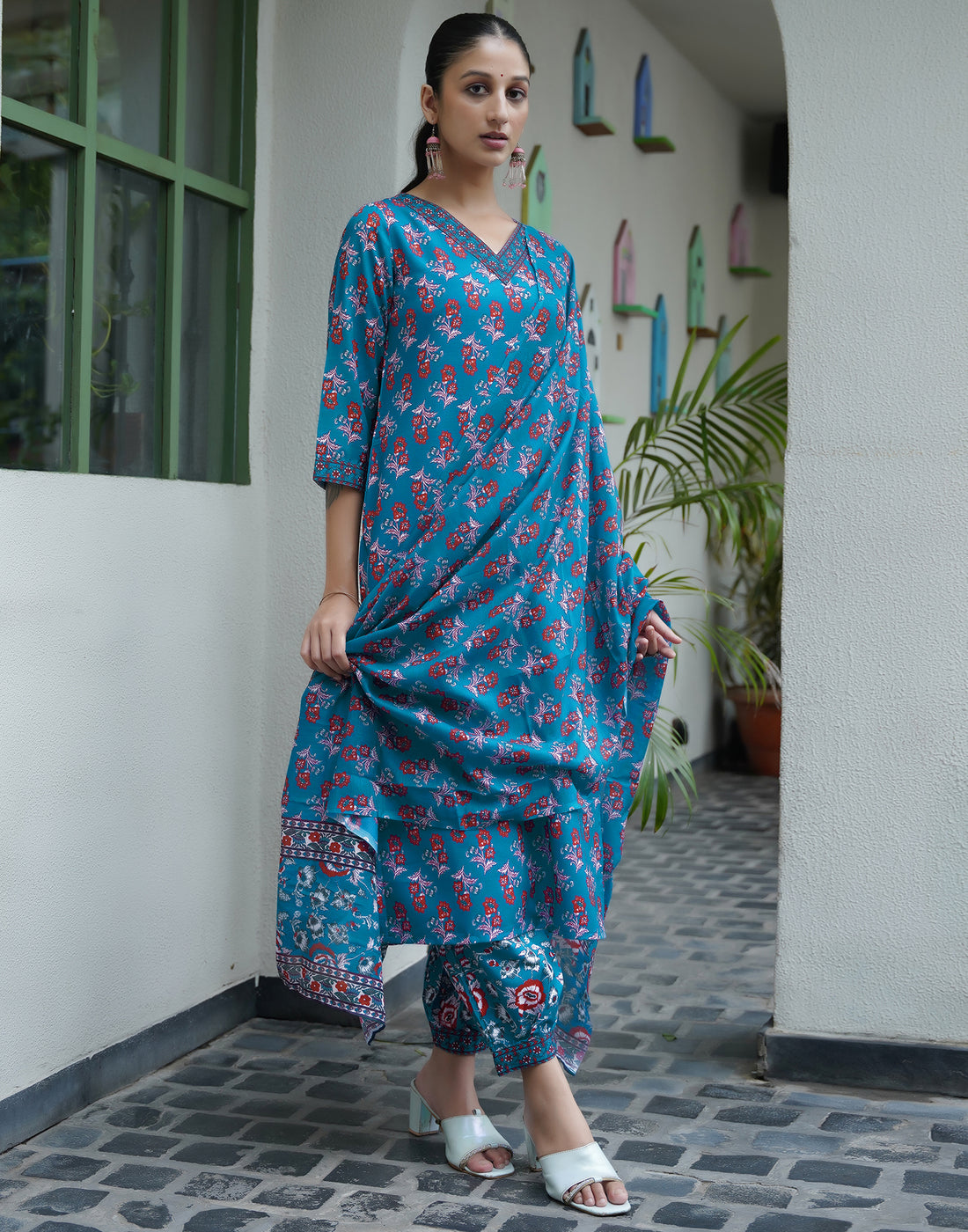 Rama Blue Rayon Printed Straight Kurta Set With Dupatta