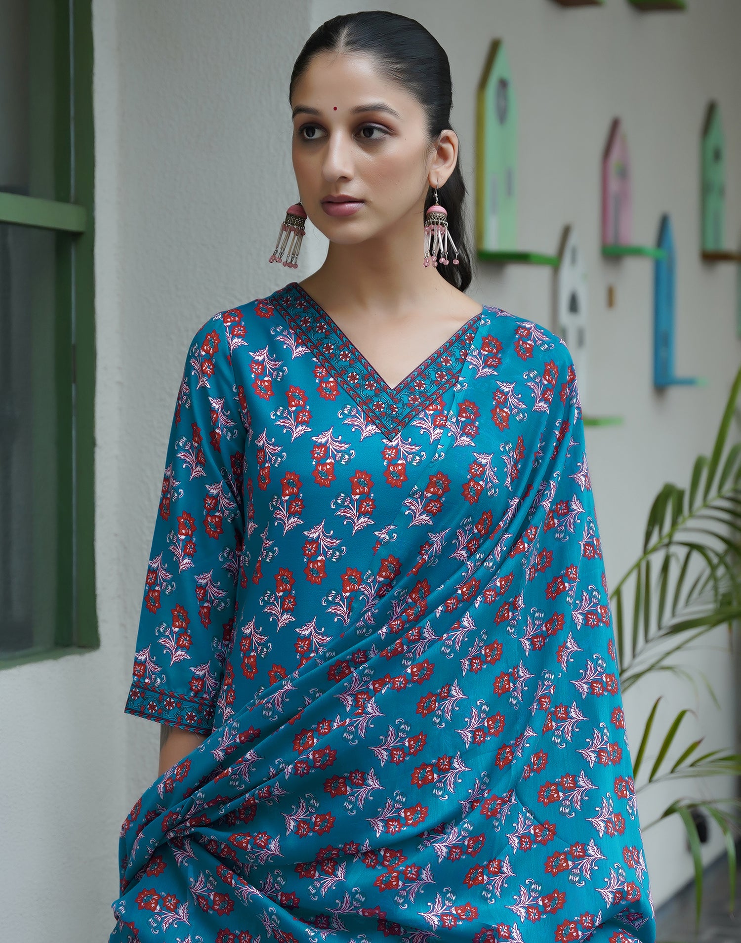 Rama Blue Rayon Printed Straight Kurta Set With Dupatta