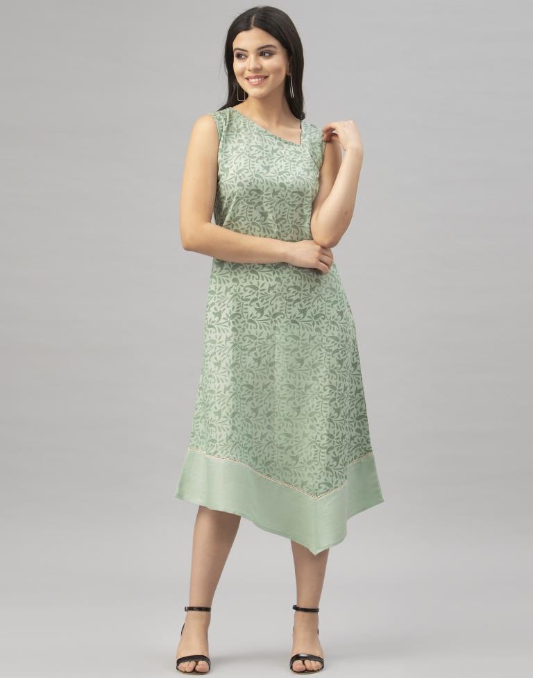 Voguish Pista Green Coloured Printed Diva Slub Dress | Sudathi