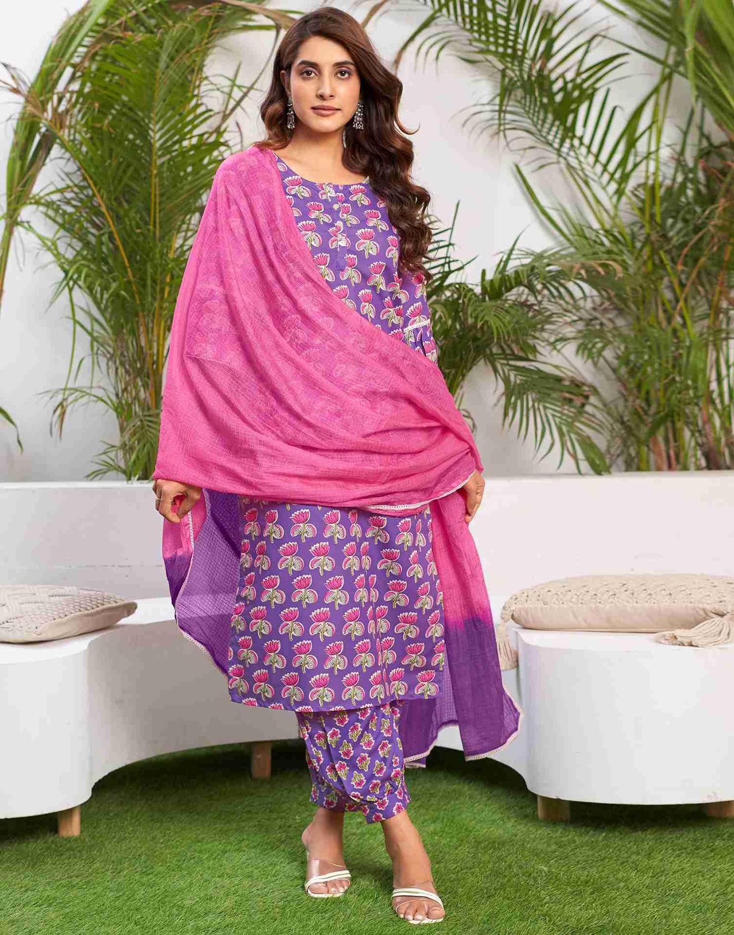 Purple Printed Rayon Straight Kurta Set With Dupatta