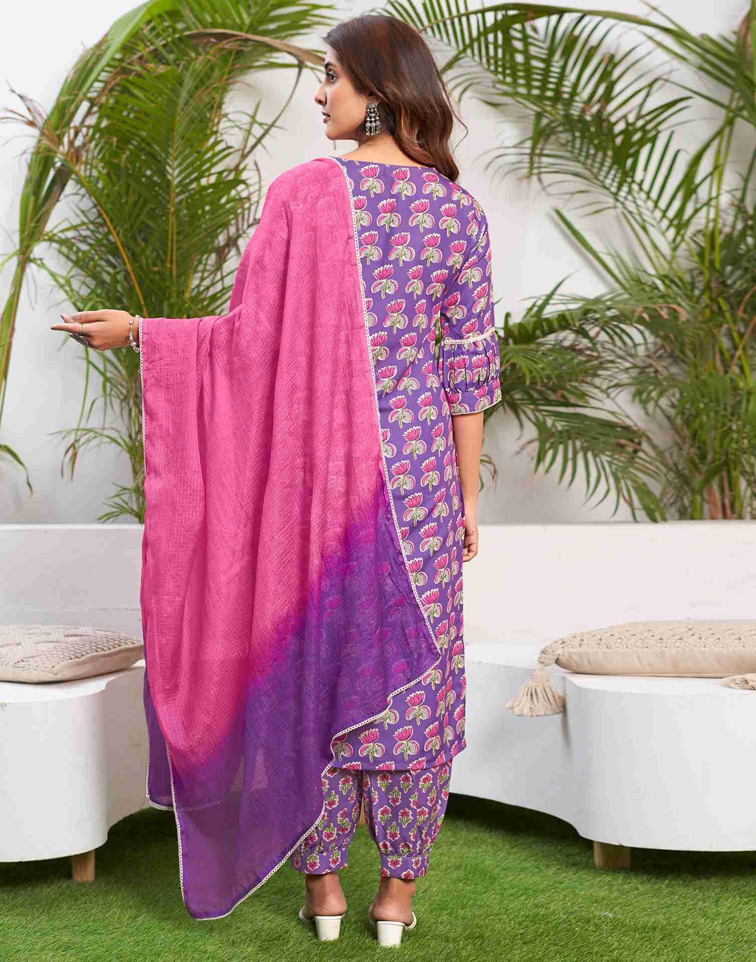 Purple Printed Rayon Straight Kurta Set With Dupatta