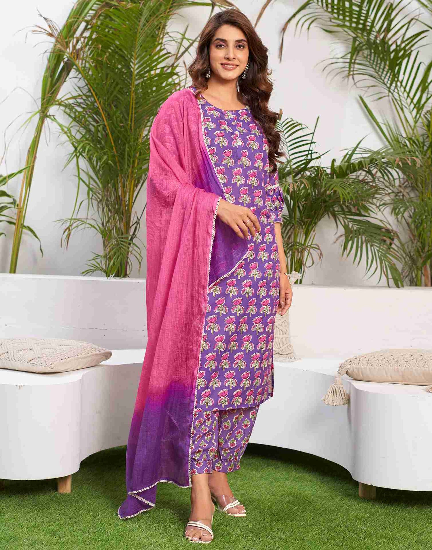 Purple Printed Rayon Straight Kurta Set With Dupatta