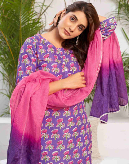 Purple Printed Rayon Straight Kurta Set With Dupatta