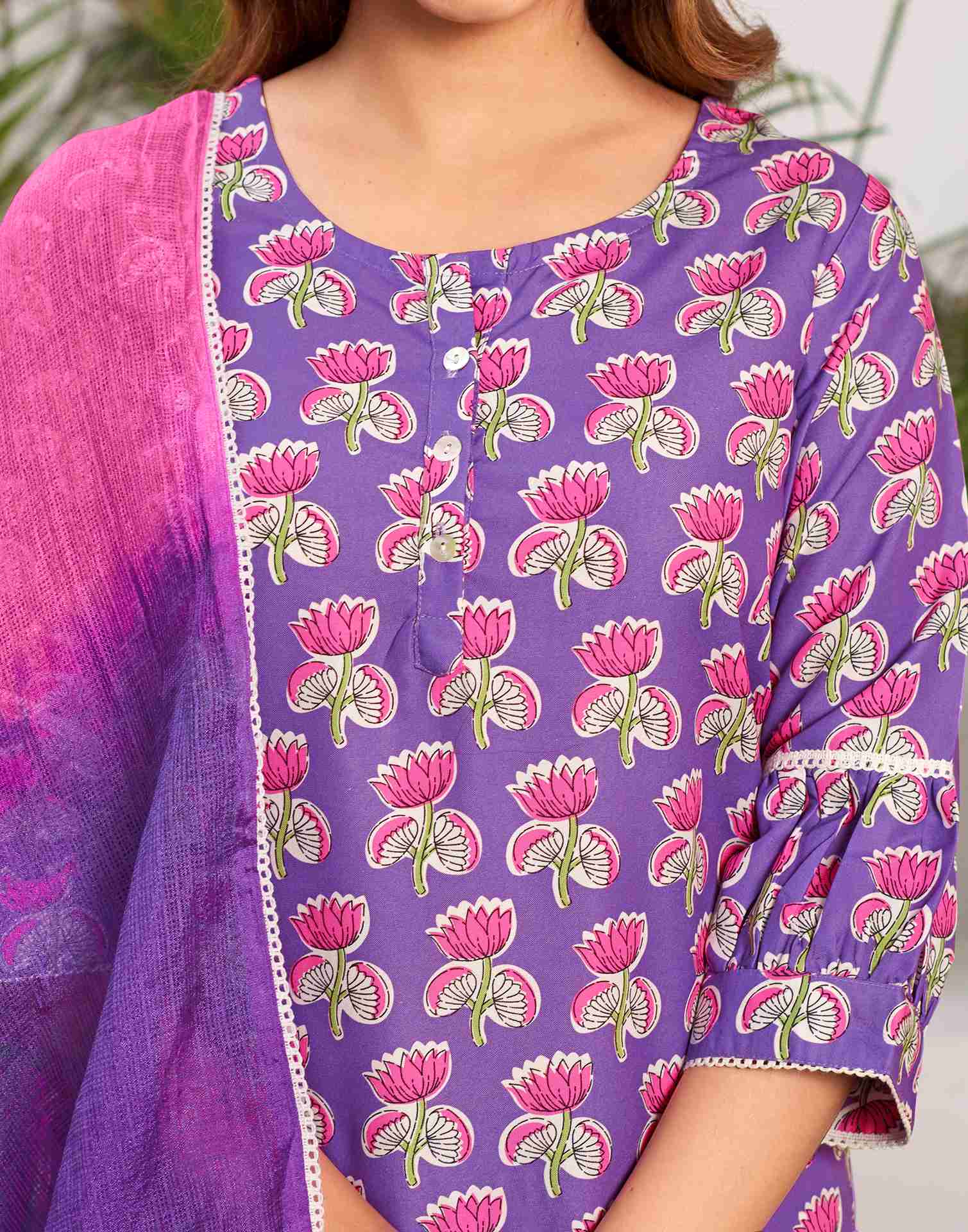 Purple Printed Rayon Straight Kurta Set With Dupatta