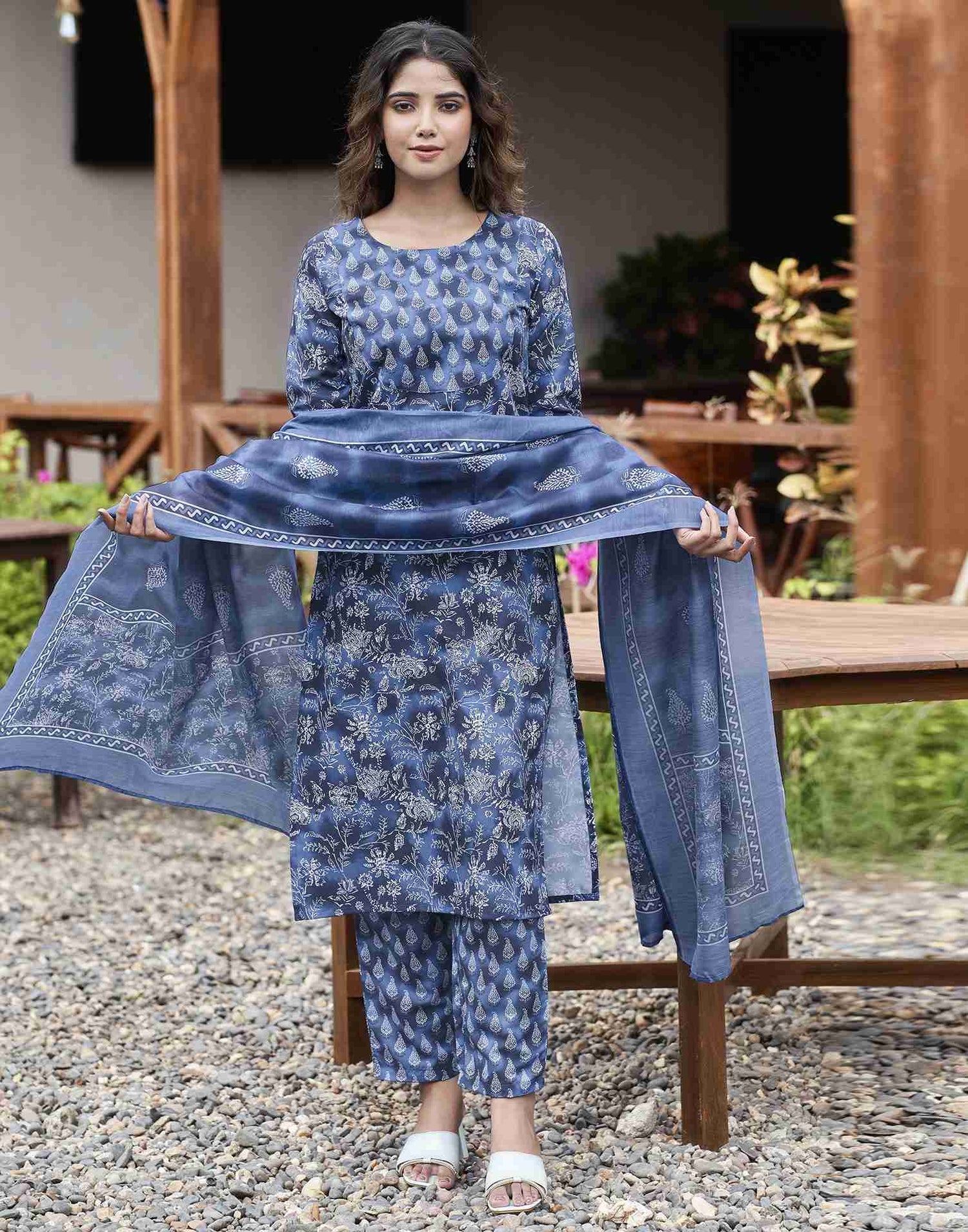 Blue Printed Rayon Straight Kurta Set With Dupatta