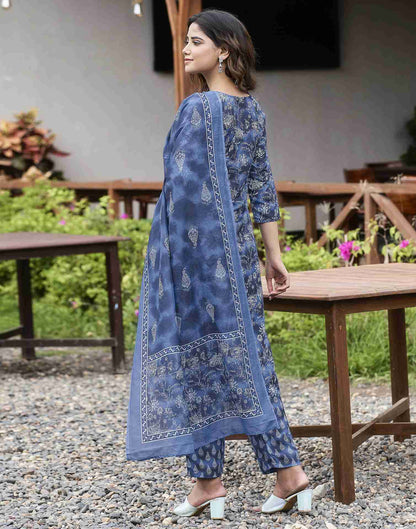 Blue Printed Rayon Straight Kurta Set With Dupatta