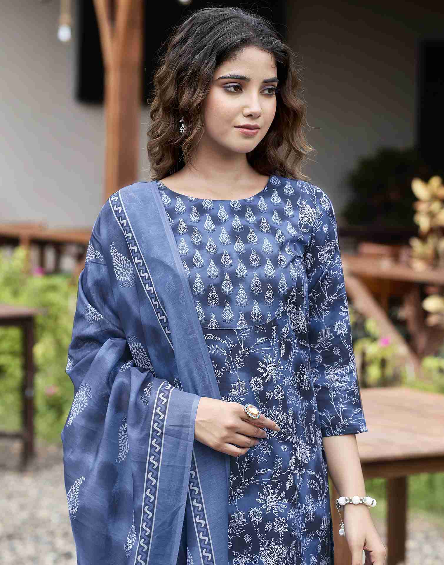 Blue Printed Rayon Straight Kurta Set With Dupatta