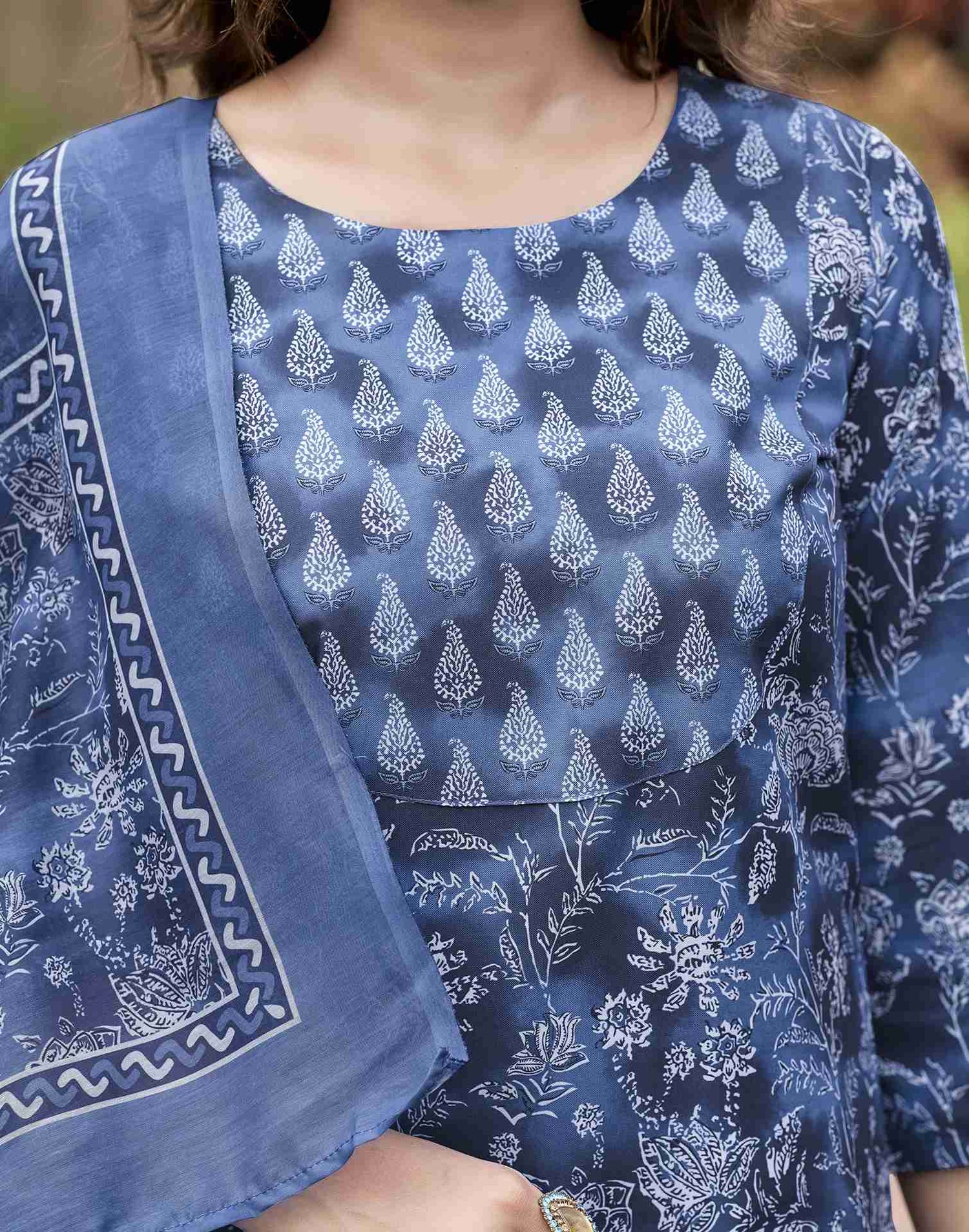 Blue Printed Rayon Straight Kurta Set With Dupatta