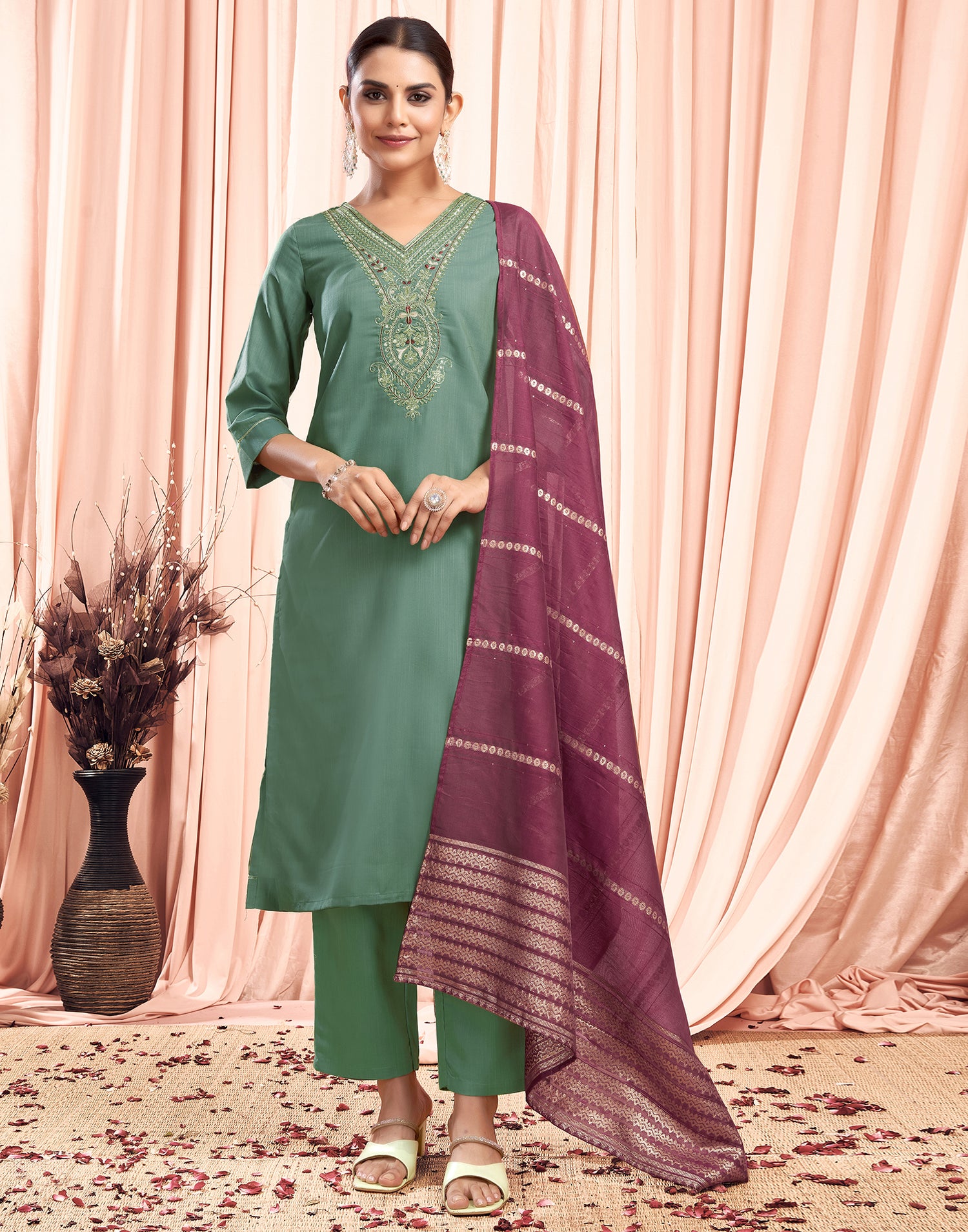 Pista Green Sequence Cotton Straight Kurta With Pant And Dupatta