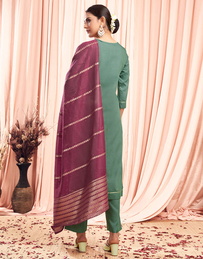 Pista Green Sequence Cotton Straight Kurta With Pant And Dupatta