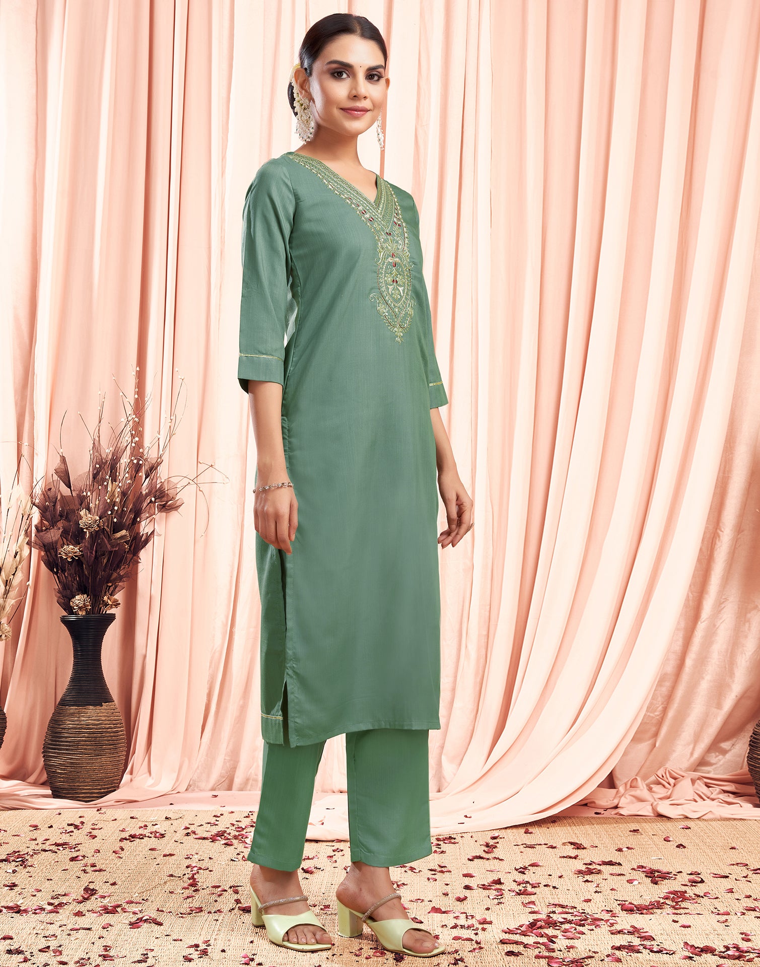 Pista Green Sequence Cotton Straight Kurta With Pant And Dupatta