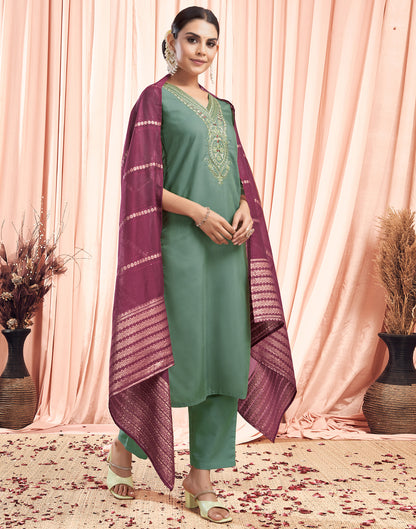 Pista Green Sequence Cotton Straight Kurta With Pant And Dupatta