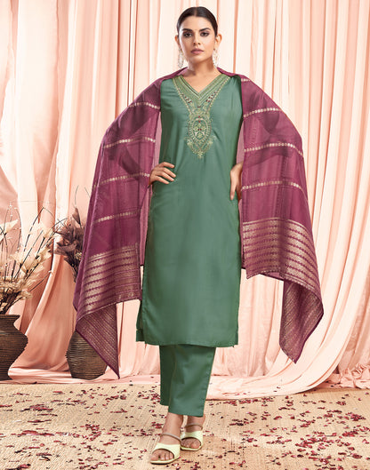 Pista Green Sequence Cotton Straight Kurta With Pant And Dupatta