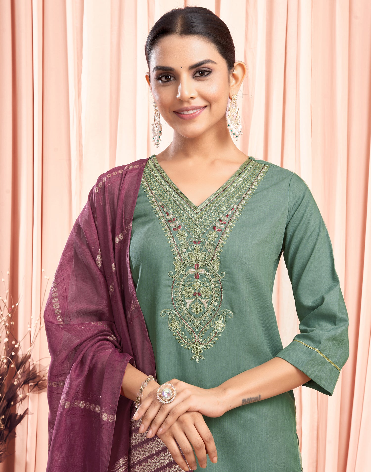 Pista Green Sequence Cotton Straight Kurta With Pant And Dupatta