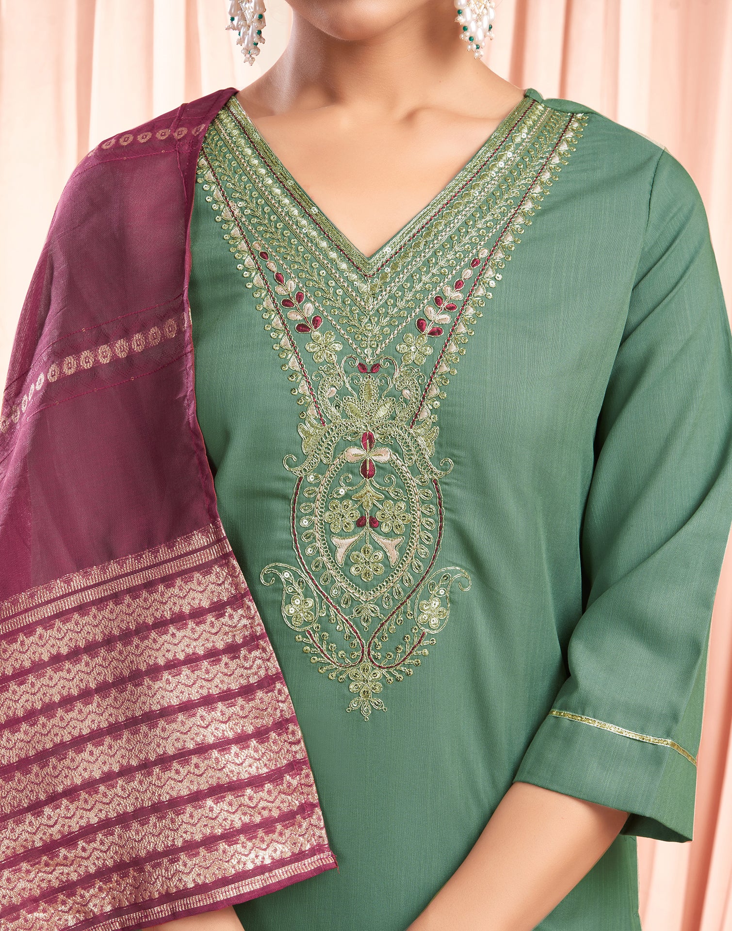 Pista Green Sequence Cotton Straight Kurta With Pant And Dupatta