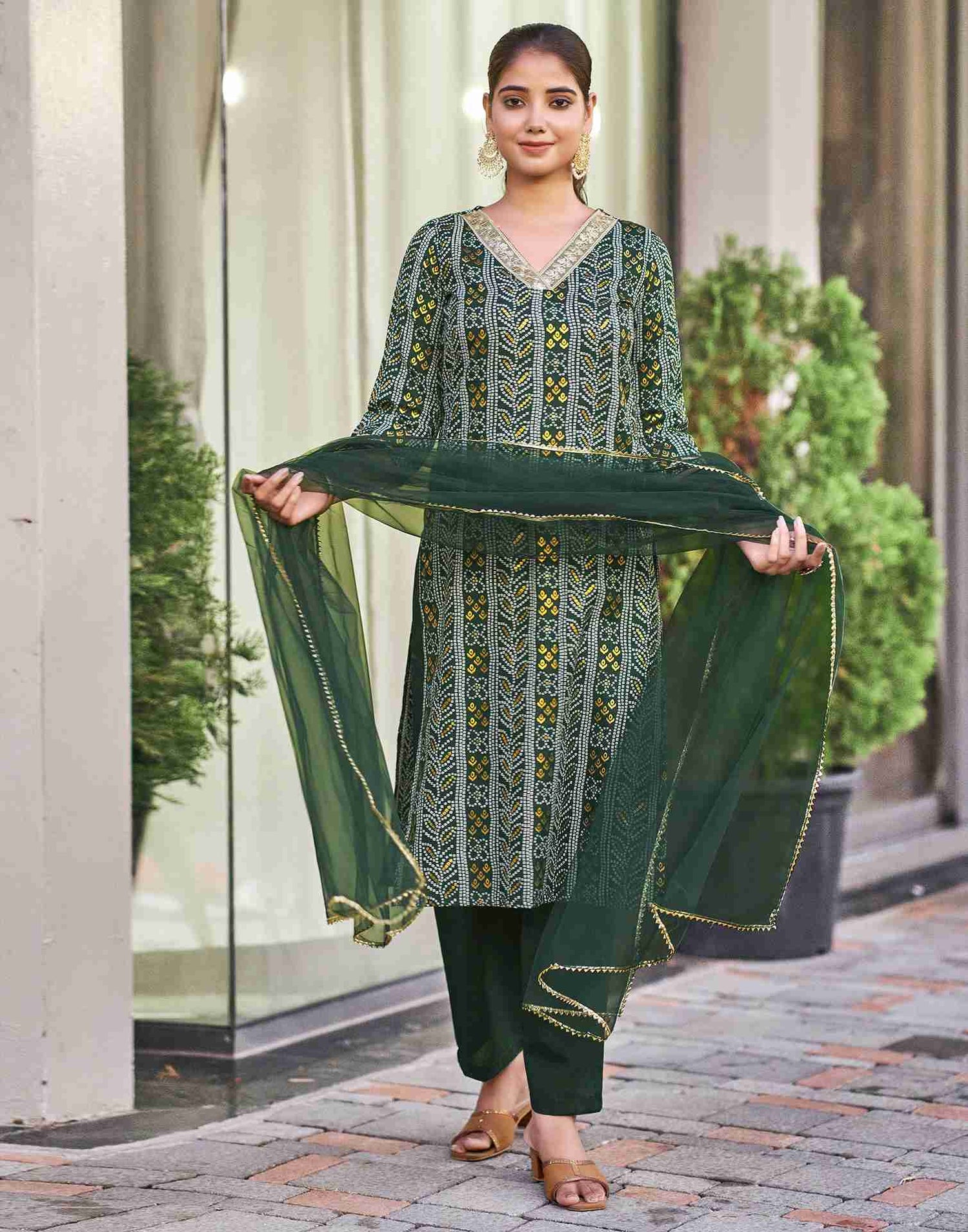 Dark Green Embroidery Cotton Straight Kurta Set With Dupatta