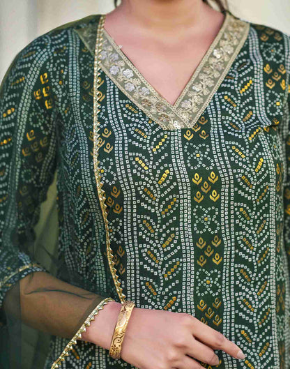 Dark Green Embroidery Cotton Straight Kurta Set With Dupatta