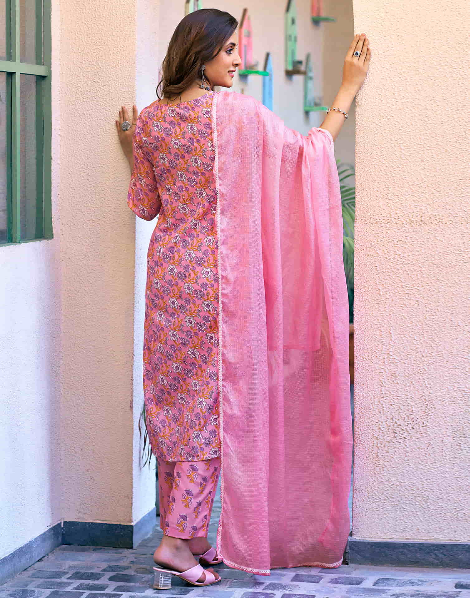 Pink Printed Rayon Straight Kurta With Pant And Dupatta