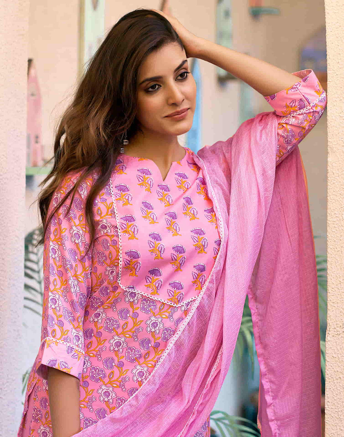 Pink Printed Rayon Straight Kurta With Pant And Dupatta