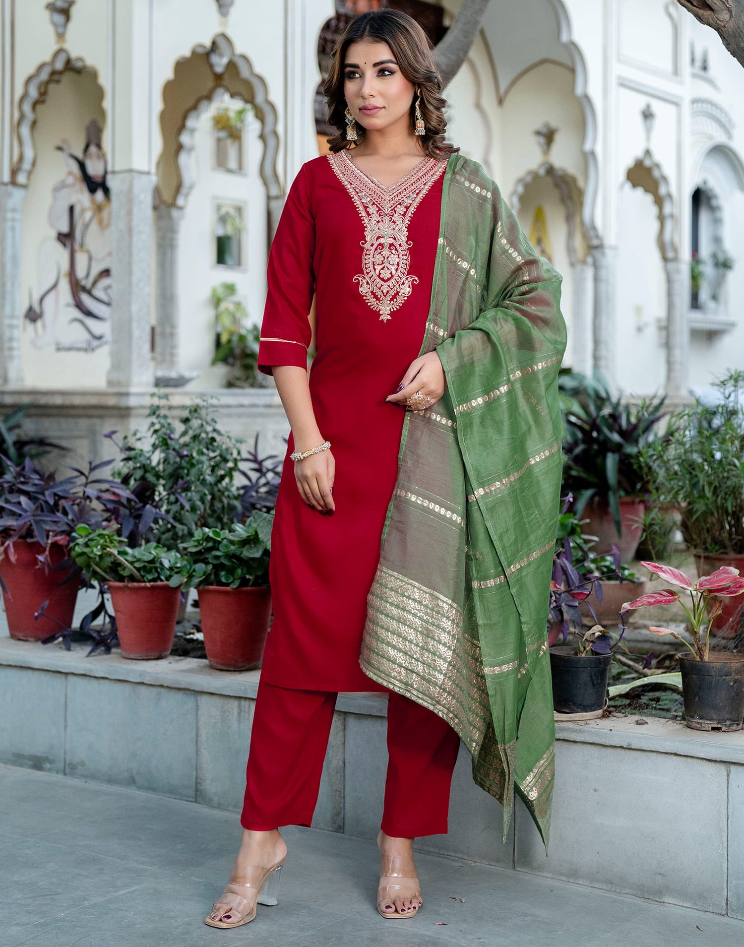 Red Cotton Sequence Straight Kurta Set With Dupatta