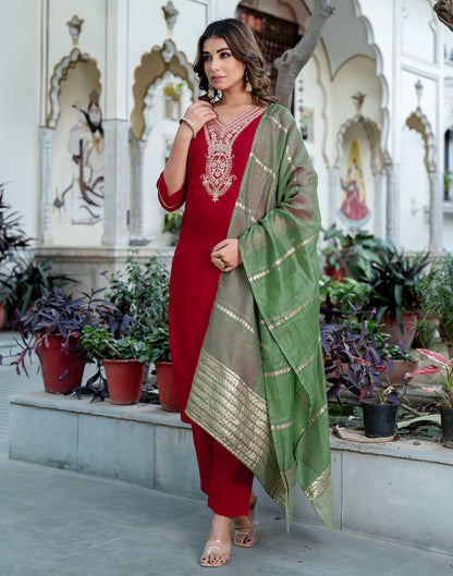 Red Cotton Sequence Straight Kurta Set With Dupatta