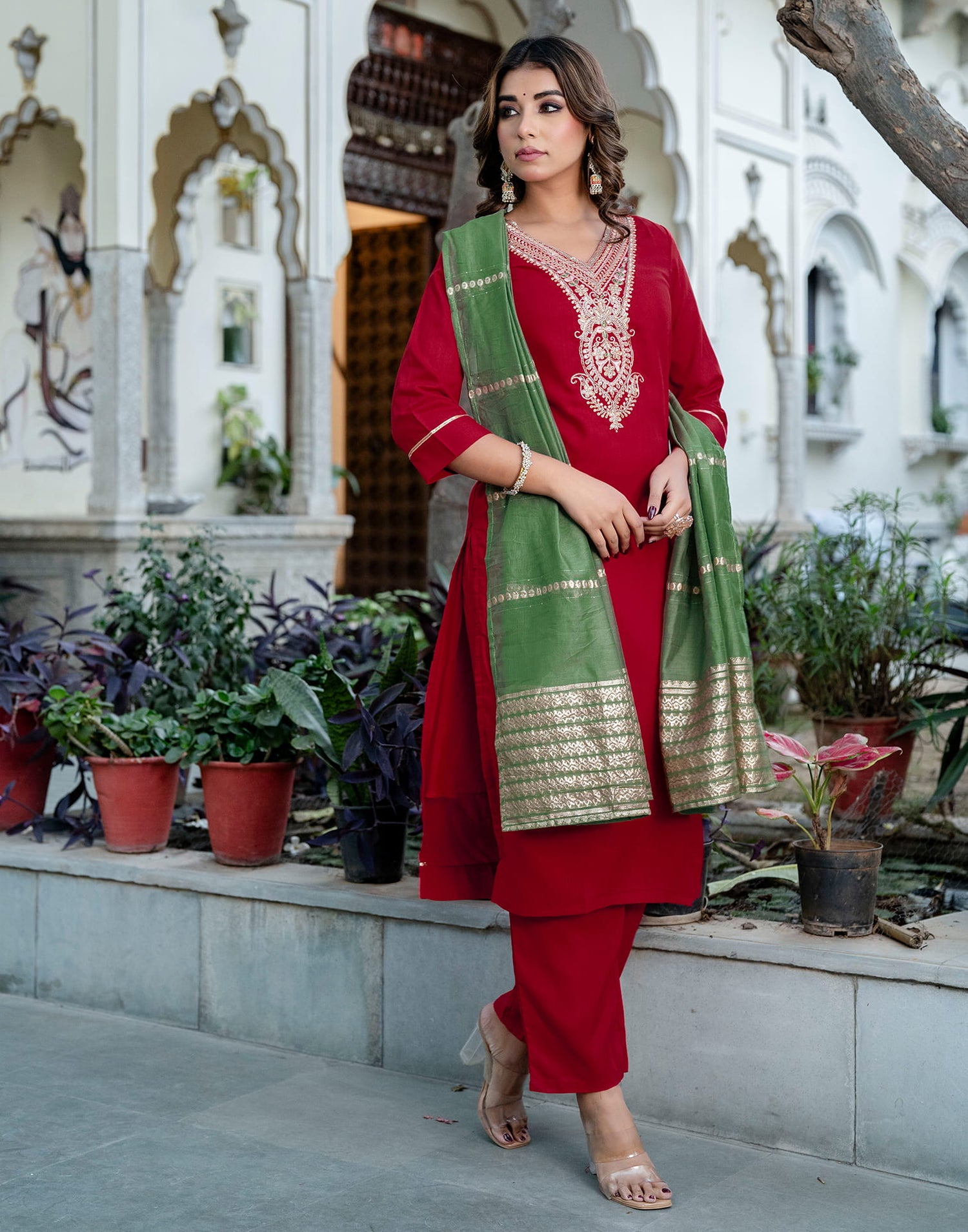 Red Cotton Sequence Straight Kurta Set With Dupatta