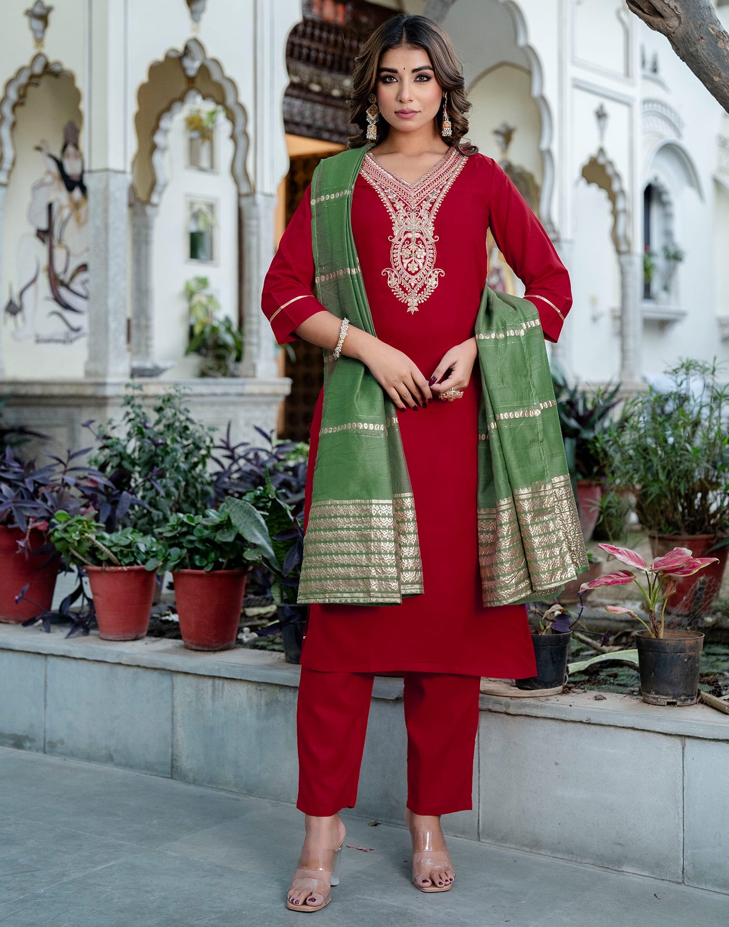 Red Cotton Sequence Straight Kurta Set With Dupatta