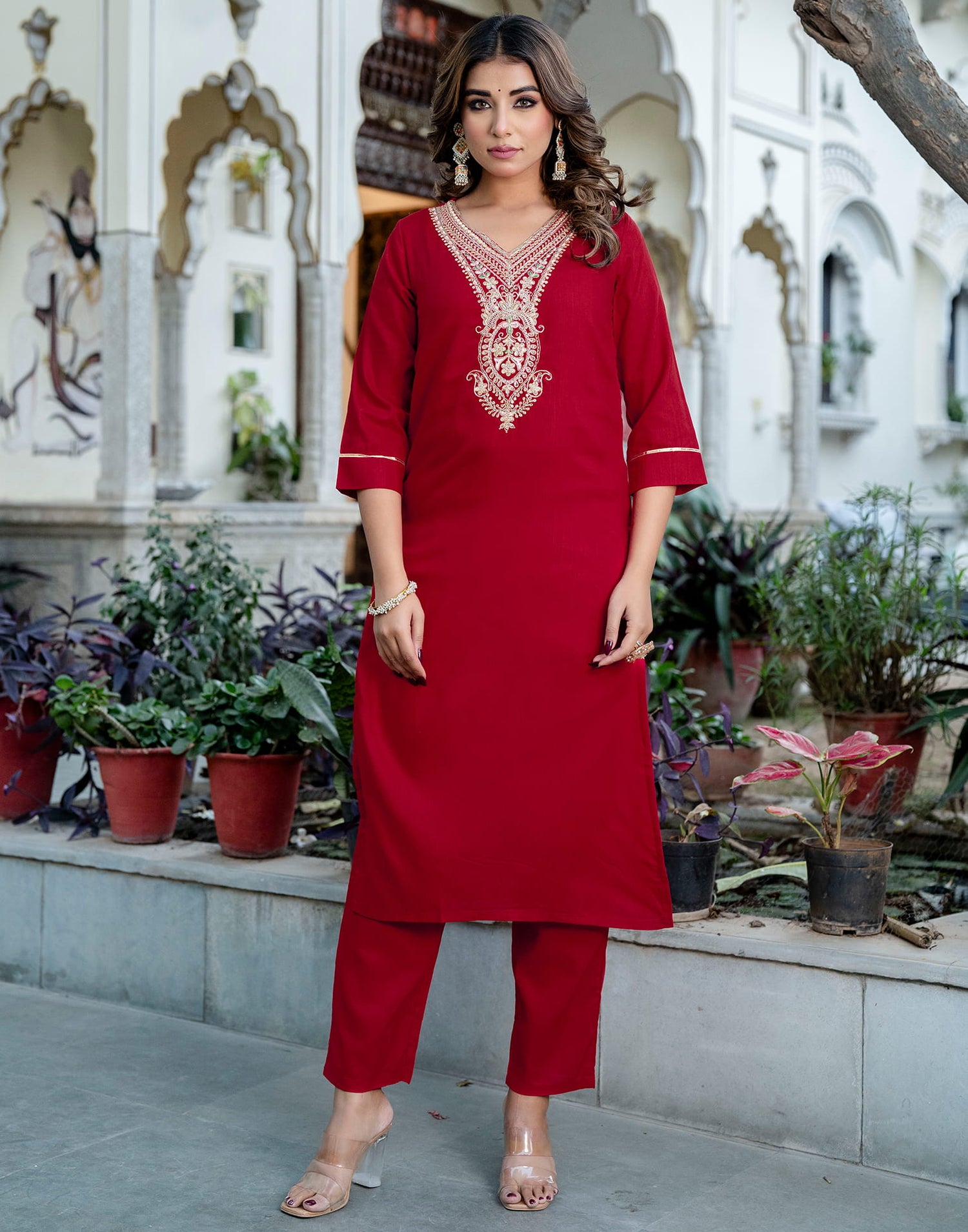 Red Cotton Sequence Straight Kurta Set With Dupatta