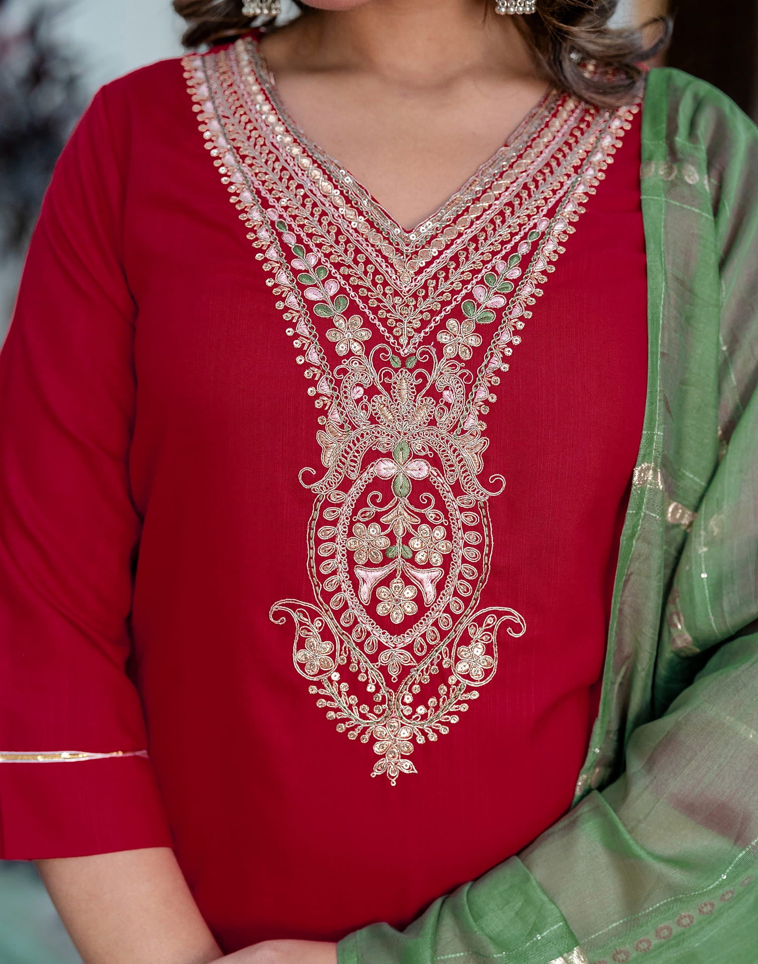 Red Cotton Sequence Straight Kurta Set With Dupatta