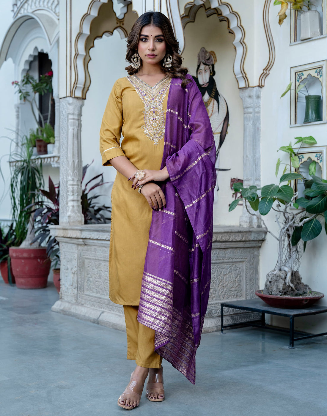 Mustard Yellow Cotton Sequence Straight Kurta Set With Dupatta