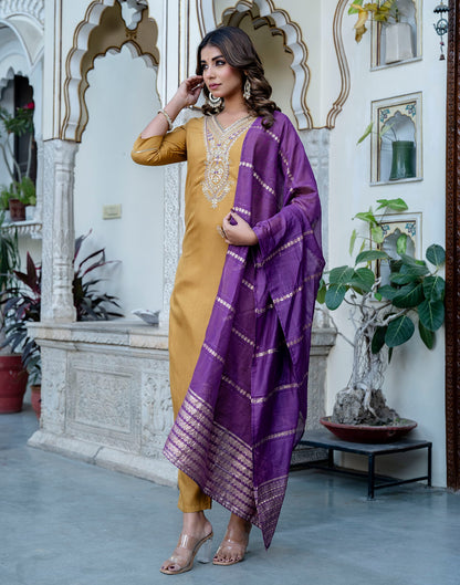 Mustard Yellow Cotton Sequence Straight Kurta Set With Dupatta