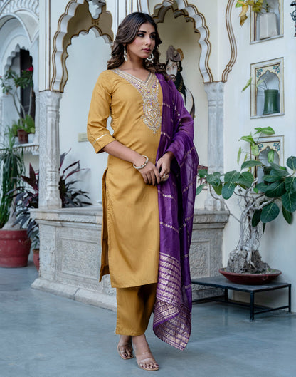 Mustard Yellow Cotton Sequence Straight Kurta Set With Dupatta