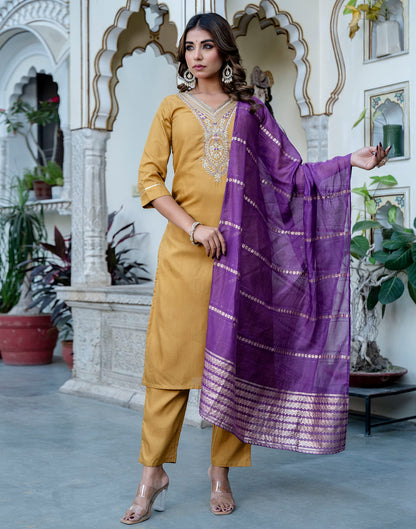 Mustard Yellow Cotton Sequence Straight Kurta Set With Dupatta