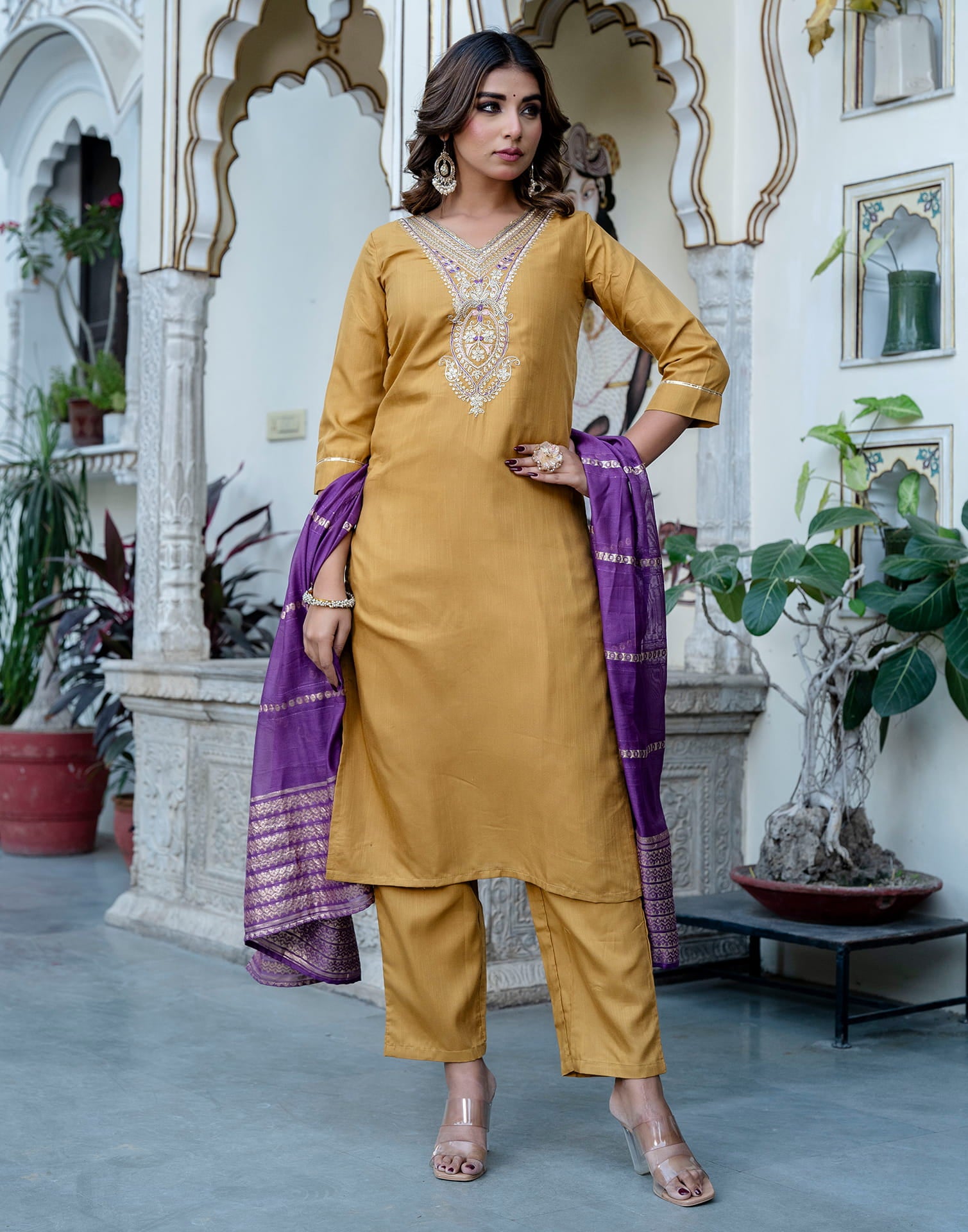 Mustard Yellow Cotton Sequence Straight Kurta Set With Dupatta