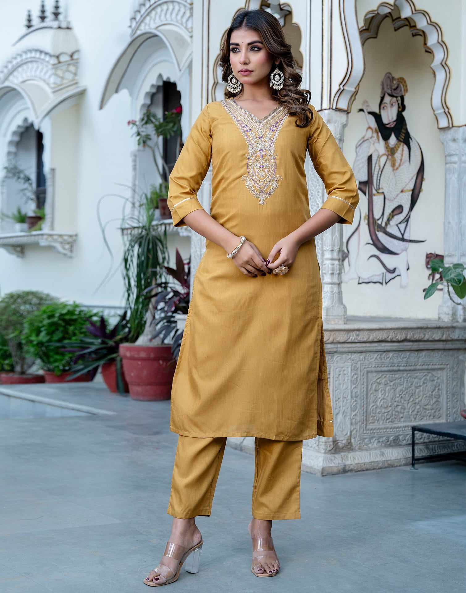 Mustard Yellow Cotton Sequence Straight Kurta Set With Dupatta