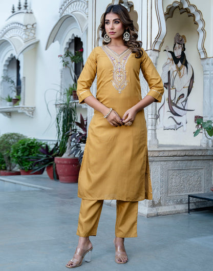 Mustard Yellow Cotton Sequence Straight Kurta Set With Dupatta