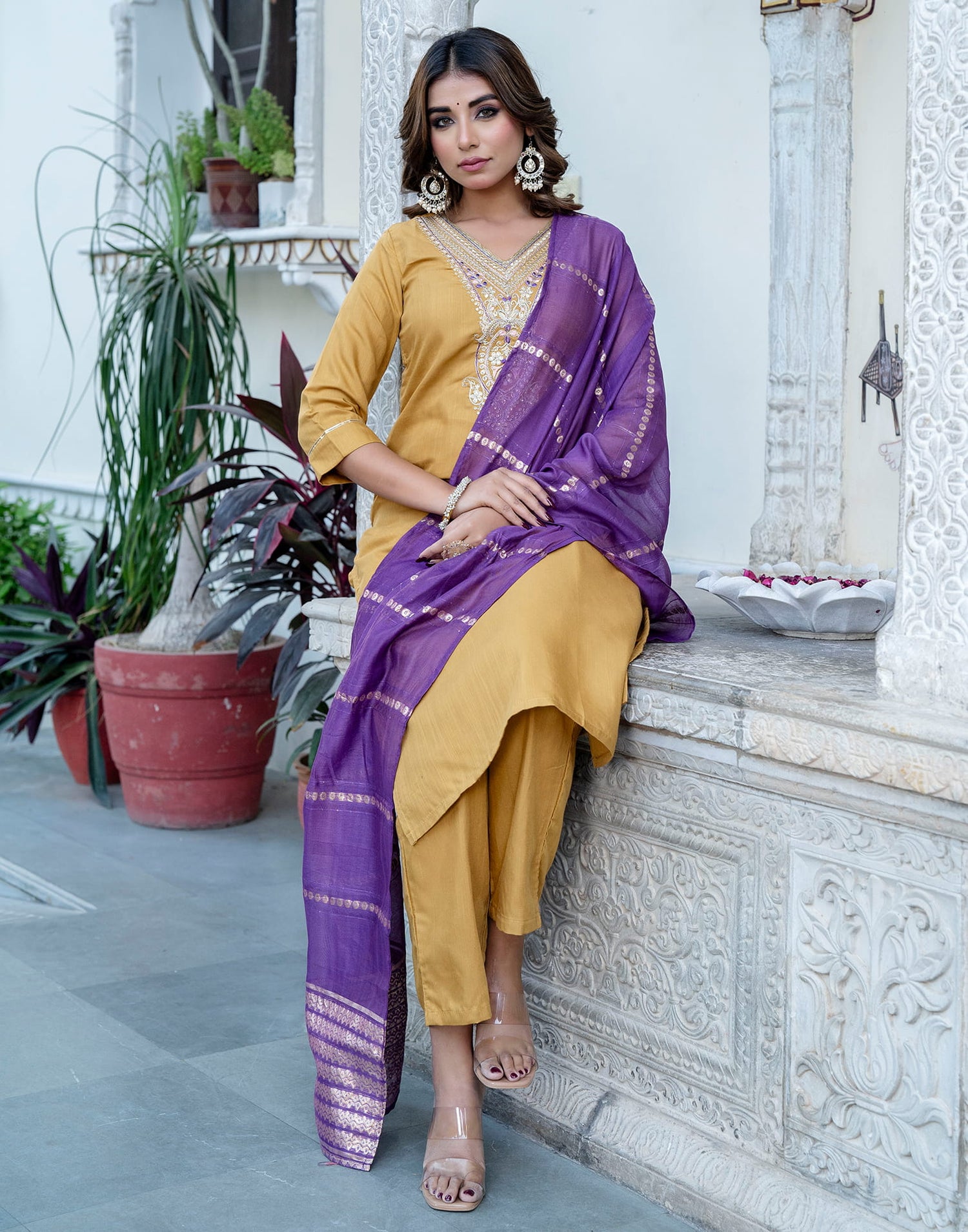 Mustard Yellow Cotton Sequence Straight Kurta Set With Dupatta