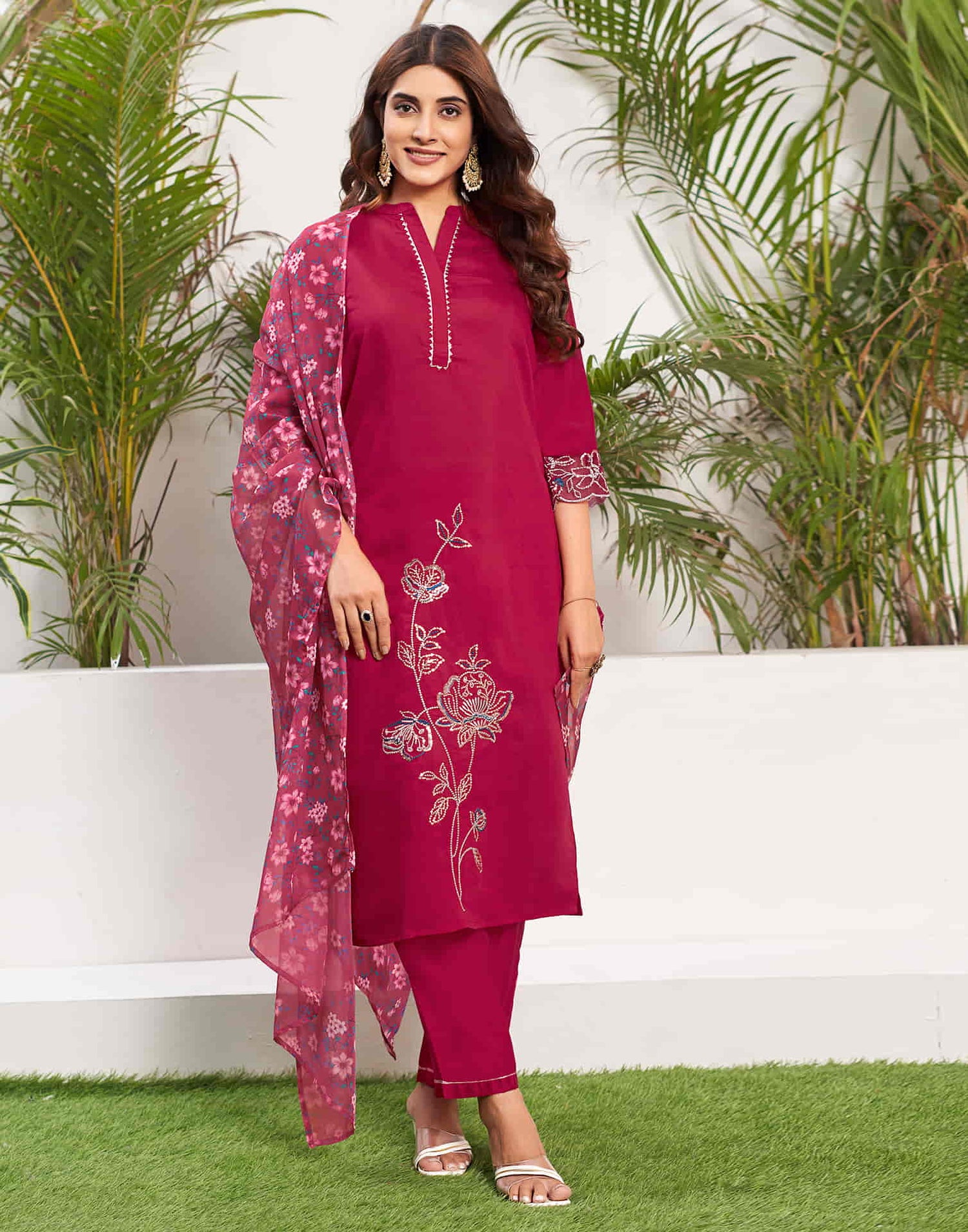 Dark Pink Sequence Silk Straight Kurta With Pant And Dupatta