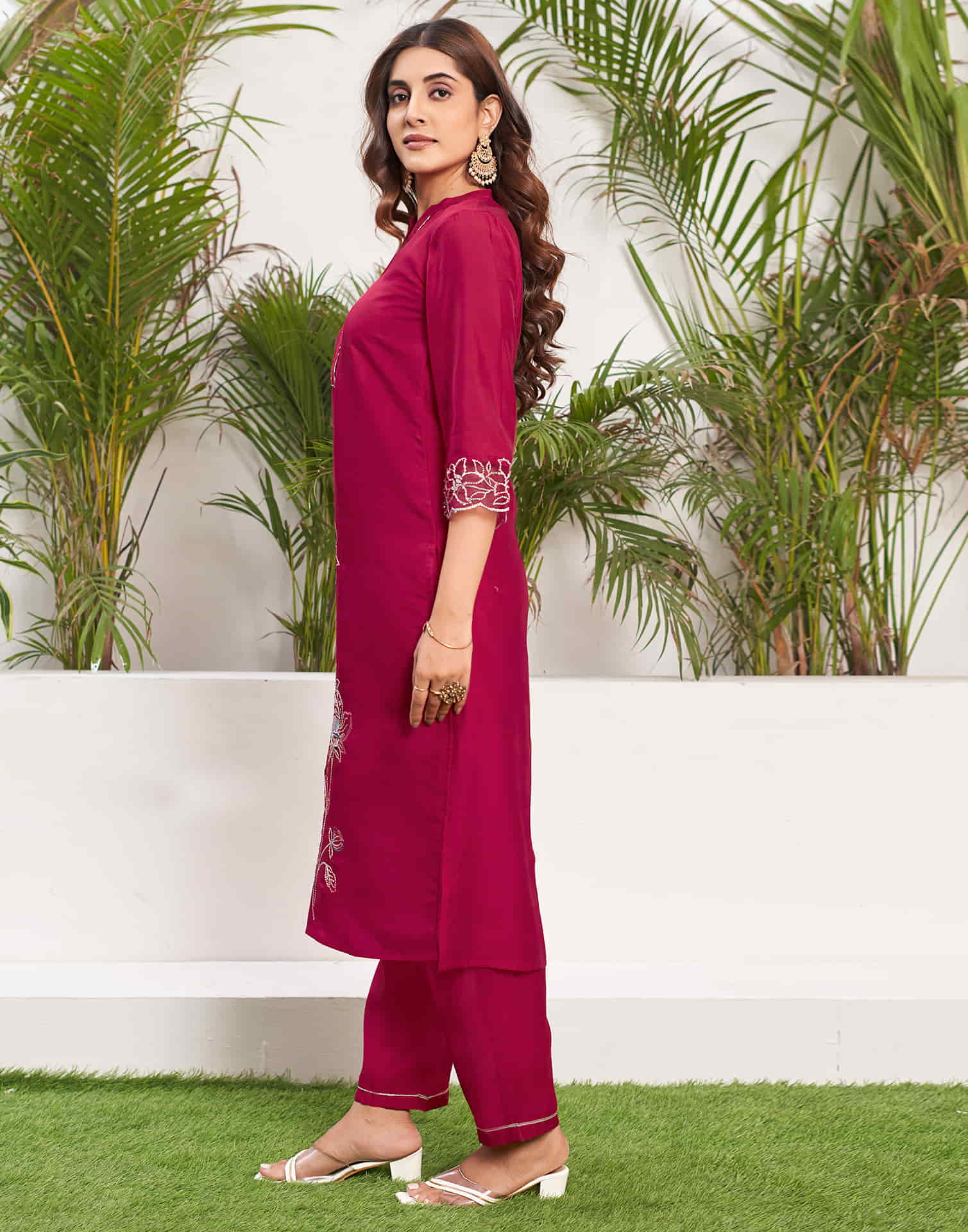 Dark Pink Sequence Silk Straight Kurta With Pant And Dupatta