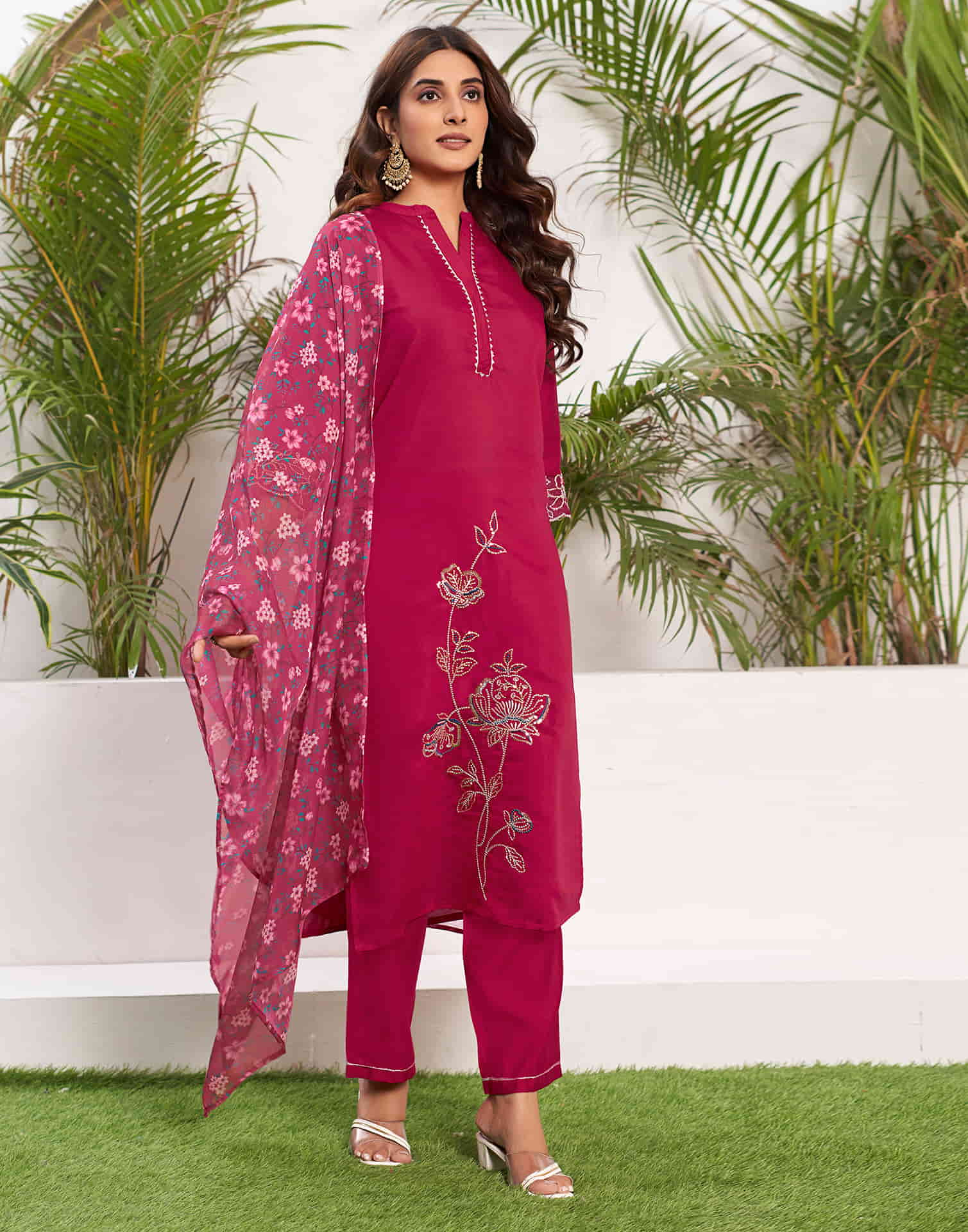 Dark Pink Sequence Silk Straight Kurta With Pant And Dupatta