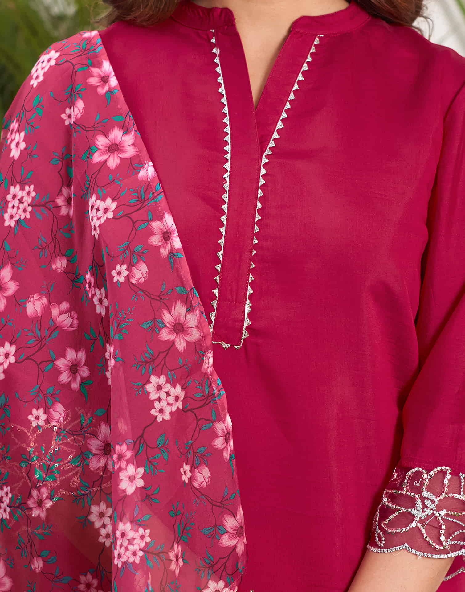 Dark Pink Sequence Silk Straight Kurta With Pant And Dupatta