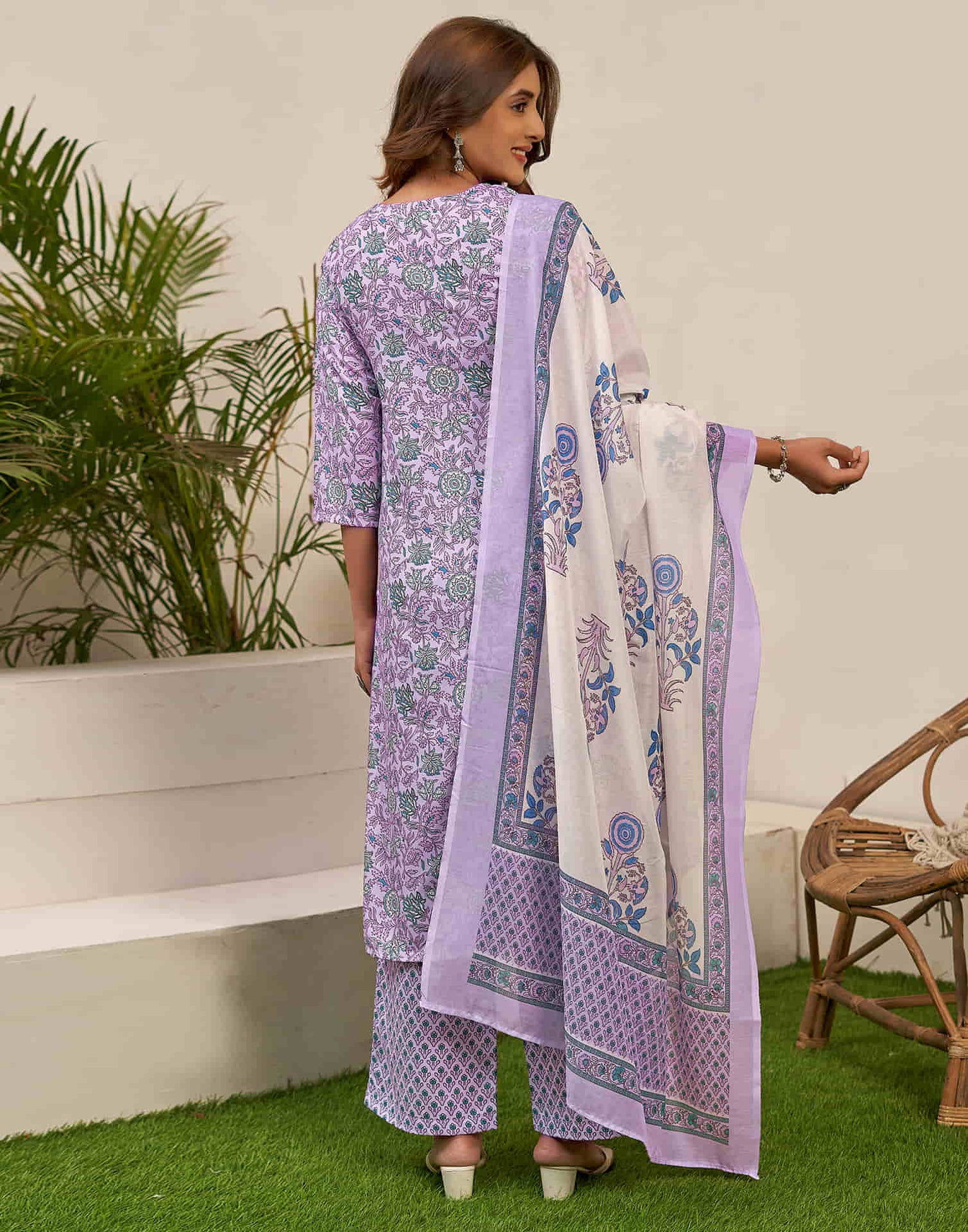 Lavender Printed Rayon Straight Kurta With Pant And Dupatta