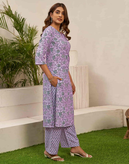 Lavender Printed Rayon Straight Kurta With Pant And Dupatta