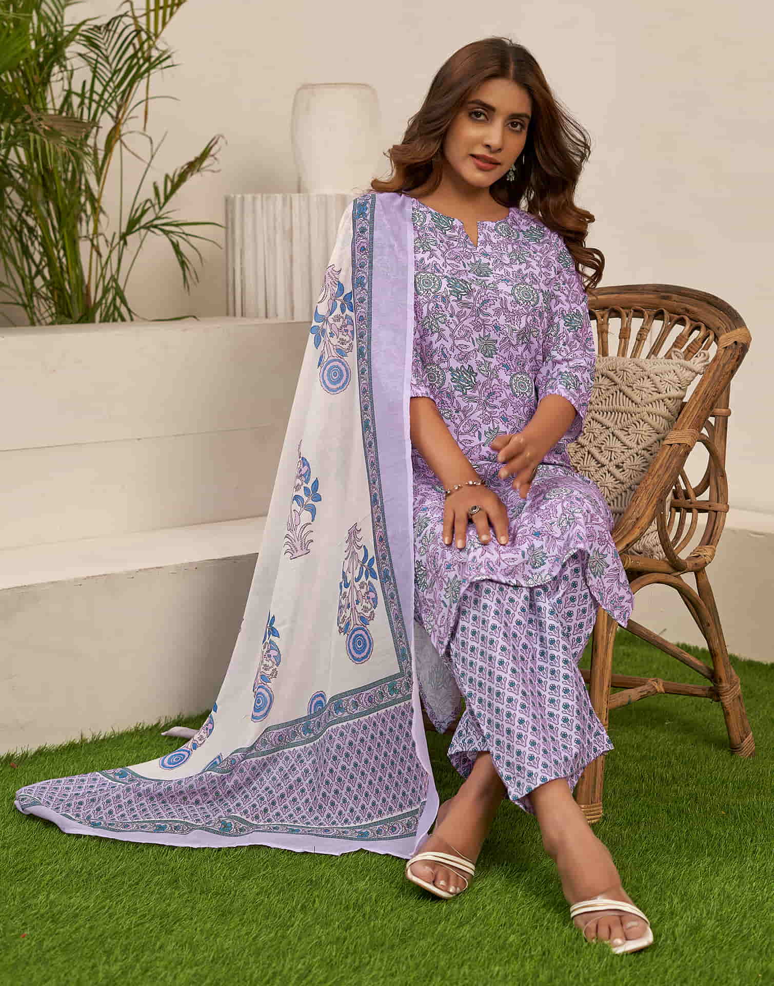 Lavender Printed Rayon Straight Kurta With Pant And Dupatta