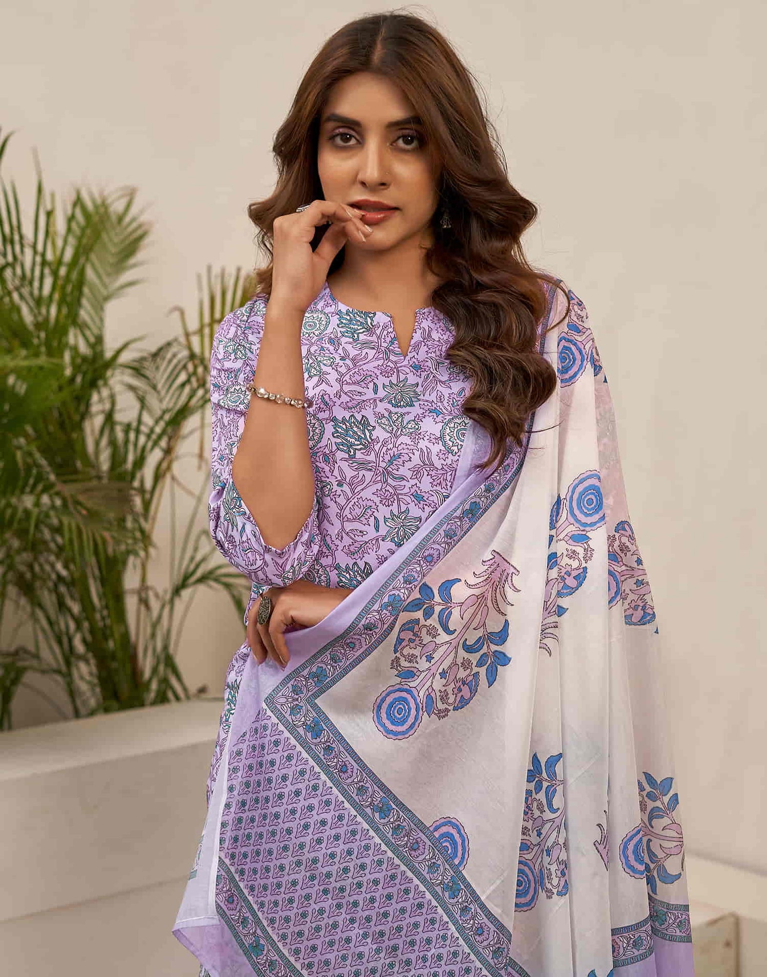 Lavender Printed Rayon Straight Kurta With Pant And Dupatta