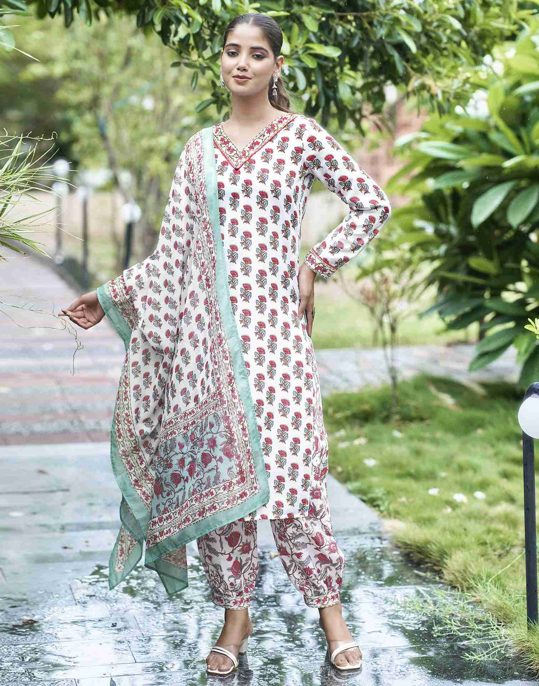 White Printed Rayon Straight Kurta Set With Dupatta