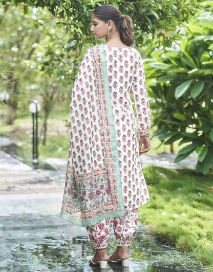 White Printed Rayon Straight Kurta Set With Dupatta