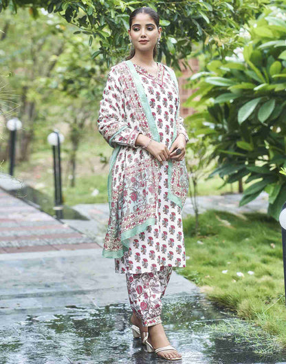 White Printed Rayon Straight Kurta Set With Dupatta