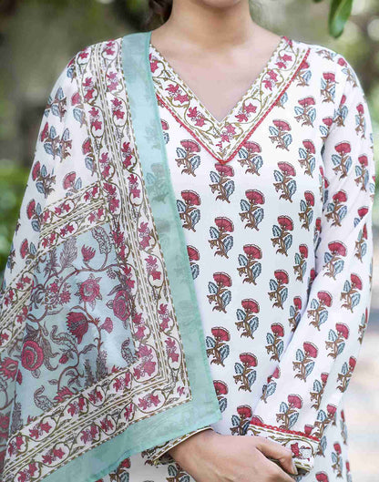 White Printed Rayon Straight Kurta Set With Dupatta