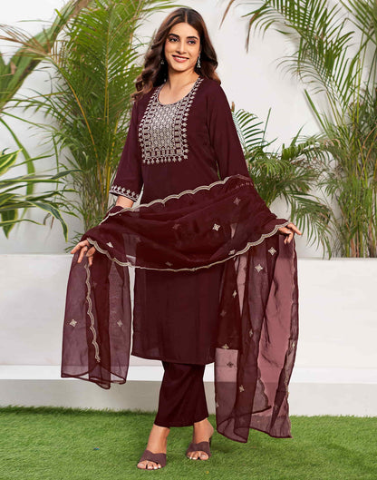 Maroon Embroidery Silk Straight Kurta With Pant And Dupatta